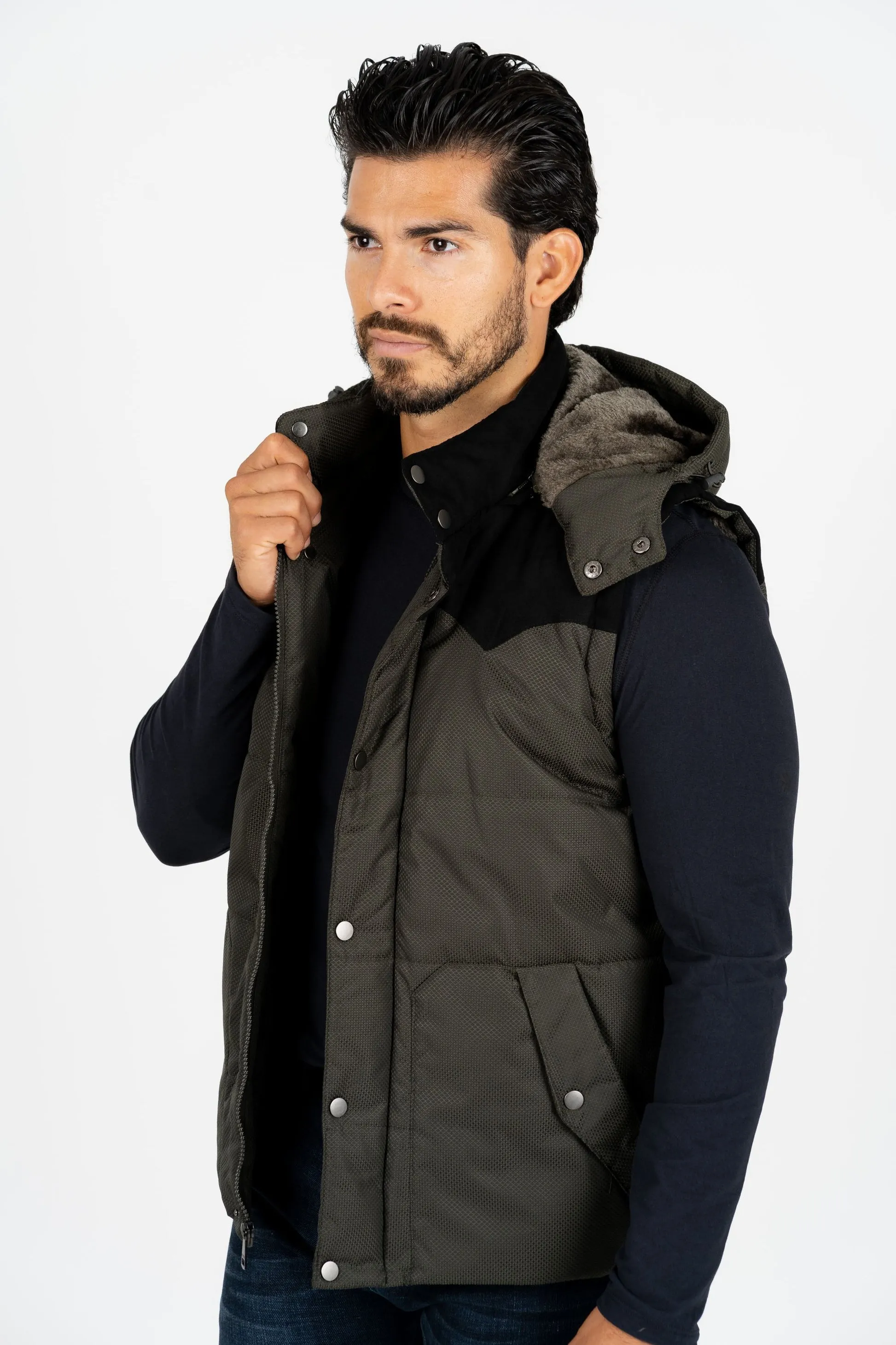 Men's Olive Padded Hooded Vest with Faux Fur Lining | VST8829