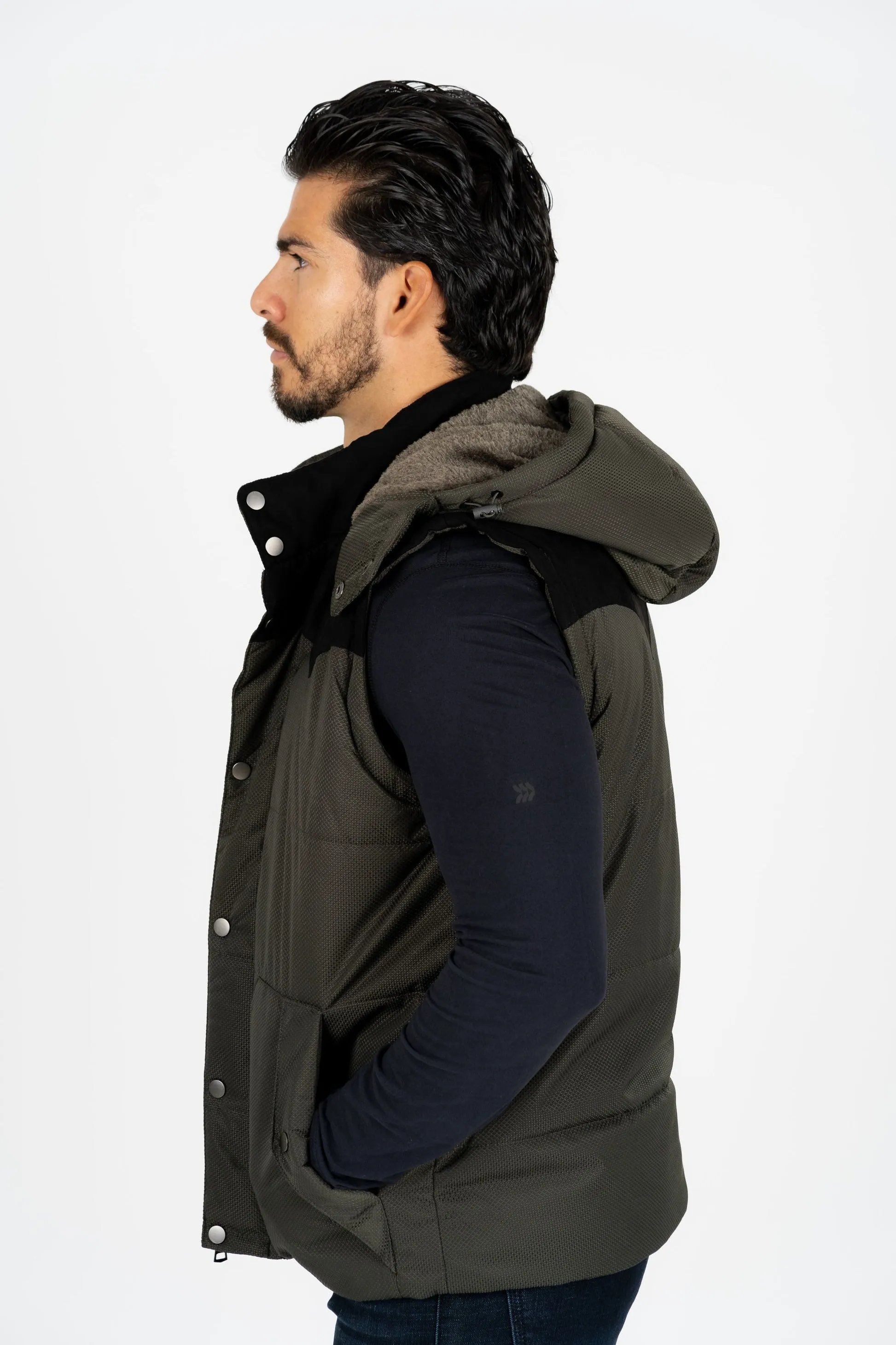 Men's Olive Padded Hooded Vest with Faux Fur Lining | VST8829