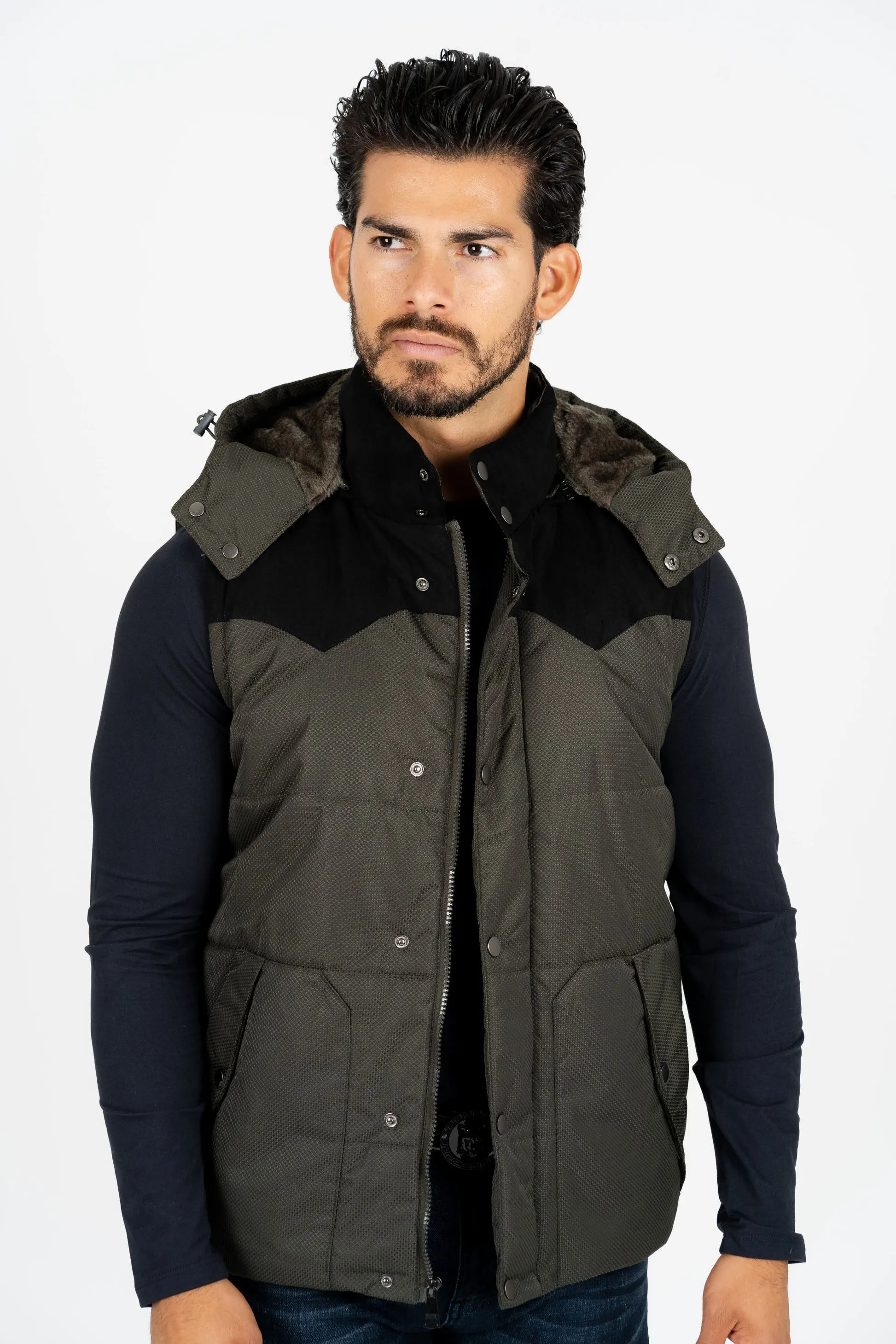 Men's Olive Padded Hooded Vest with Faux Fur Lining | VST8829