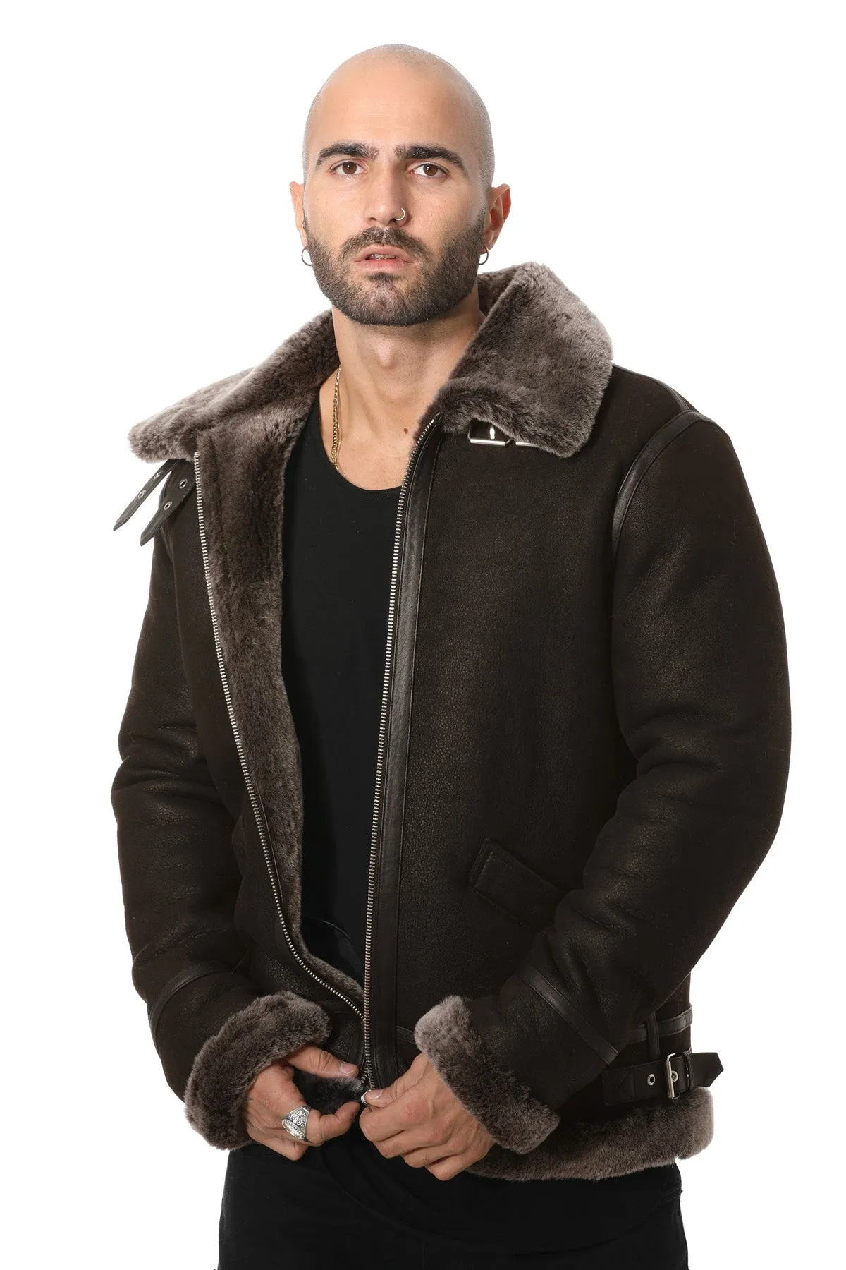 Men's Shearling Aviator Jacket, Washed Brown with Brissa Wool