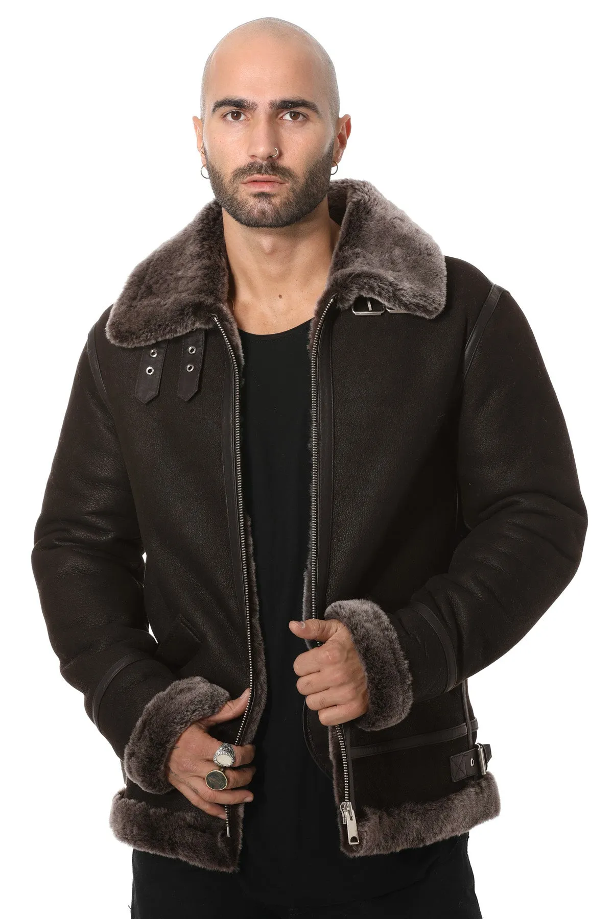 Men's Shearling Aviator Jacket, Washed Brown with Brissa Wool