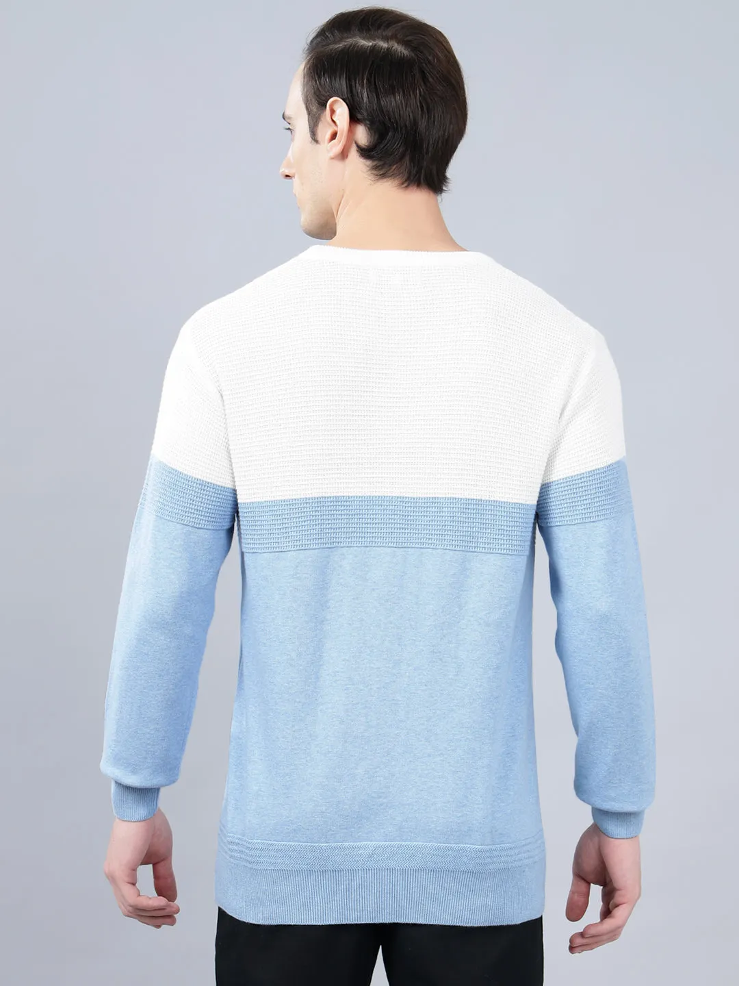 Men's Sky Blue Self Design Full Sleeve Sweater