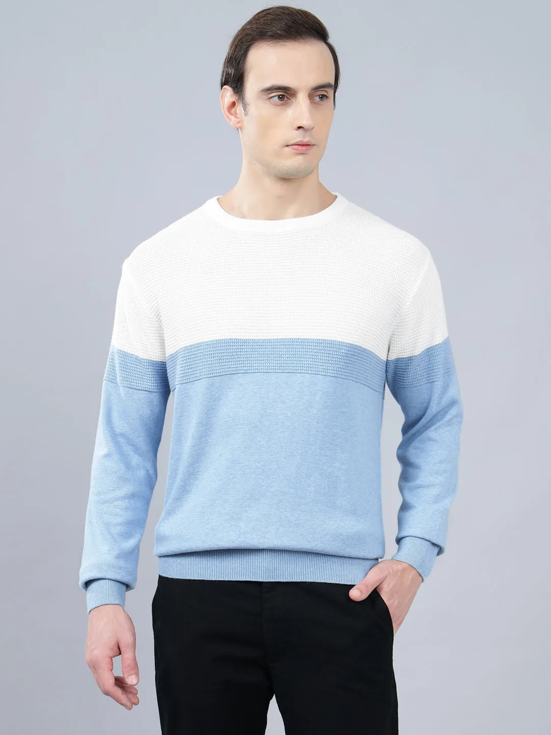 Men's Sky Blue Self Design Full Sleeve Sweater