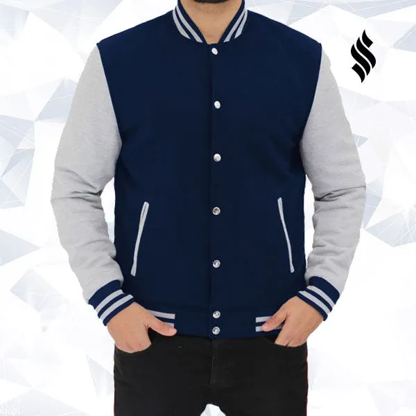 Navy Blue and Gray Varsity Jacket Mens