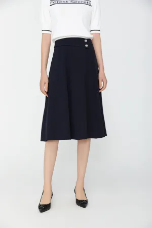 Navy Blue High Waist Flare A-Line Midi Skirt