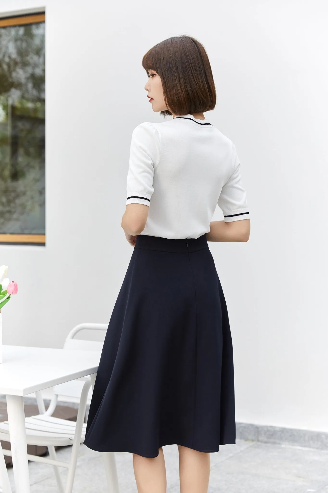 Navy Blue High Waist Flare A-Line Midi Skirt