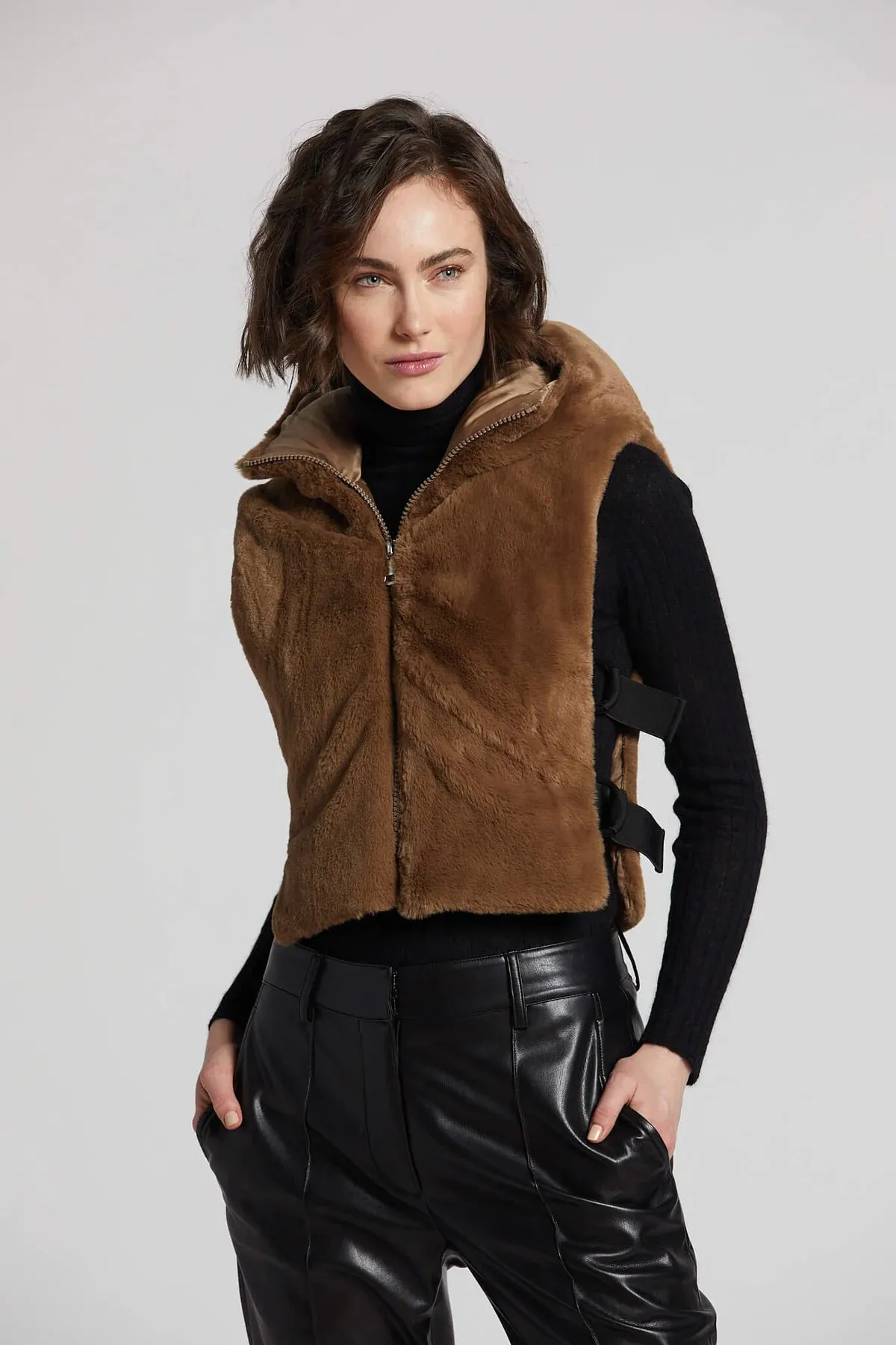 Peanut Faux Fur Hooded Vest - Walnut