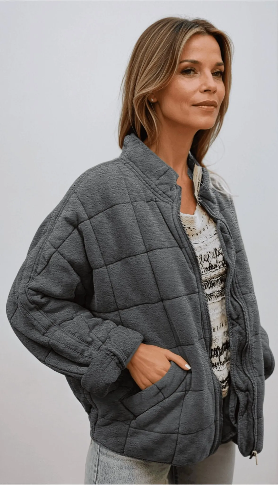 Quilted Fleece Zip-Up Jacket – Cozy and Lightweight Winter