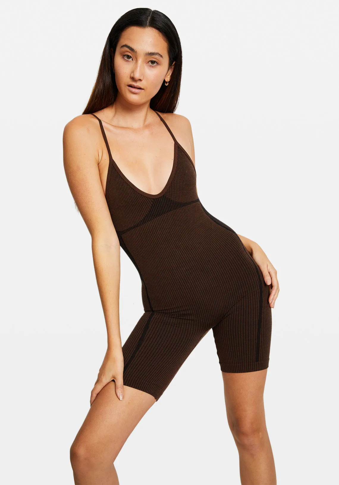 RIB PLAYSUIT CACAO/BLACK