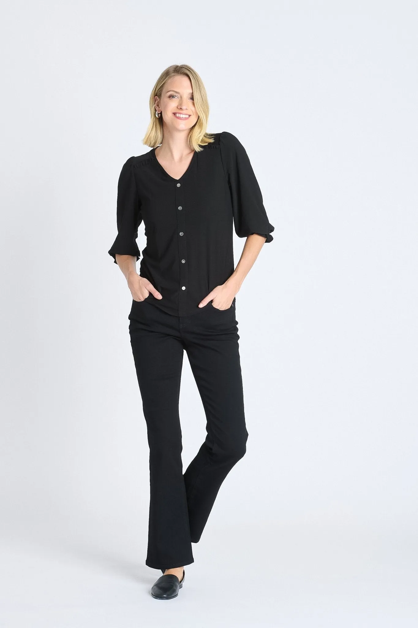 Ruffle 3/4 Sleeve Button Top, Black