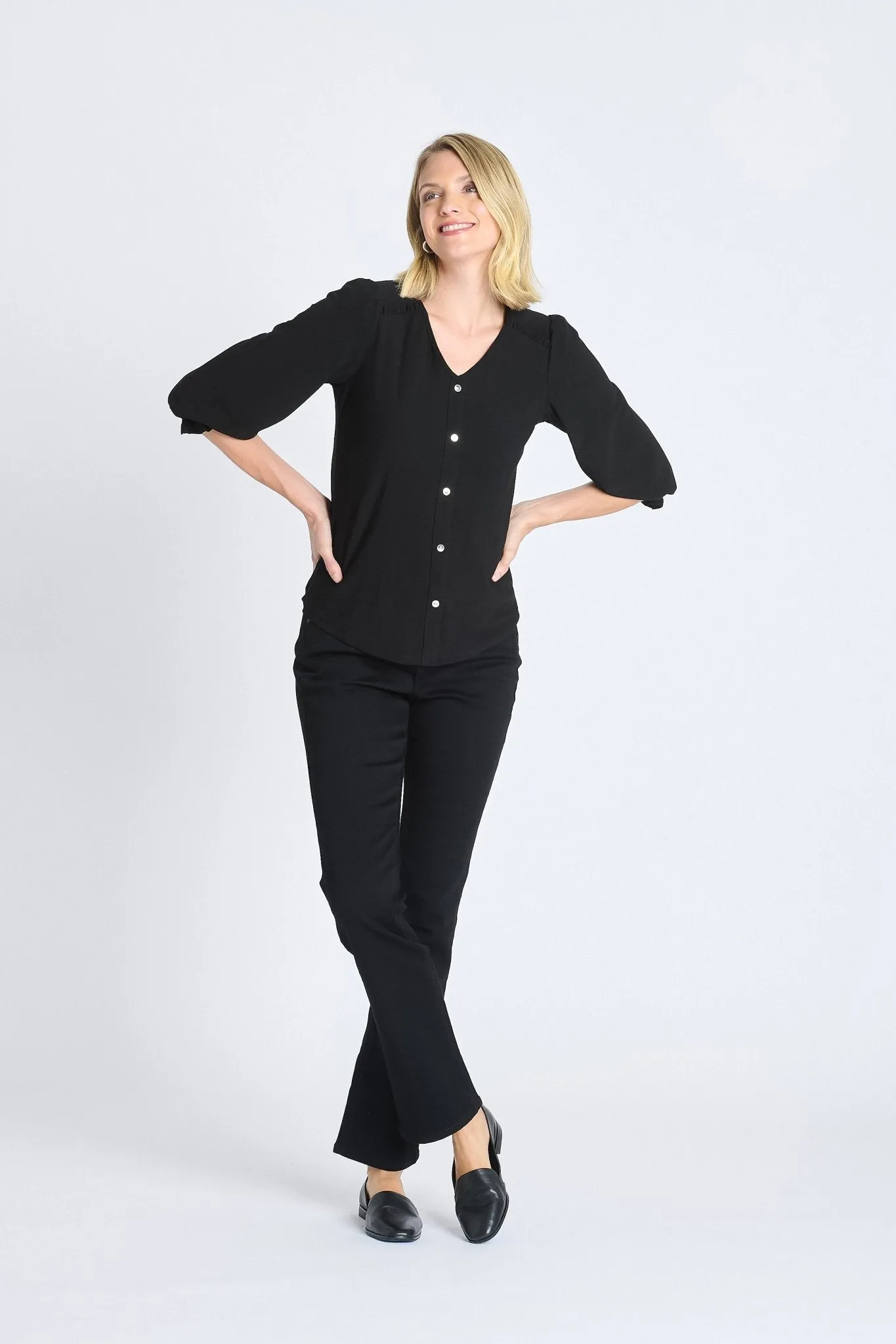 Ruffle 3/4 Sleeve Button Top, Black