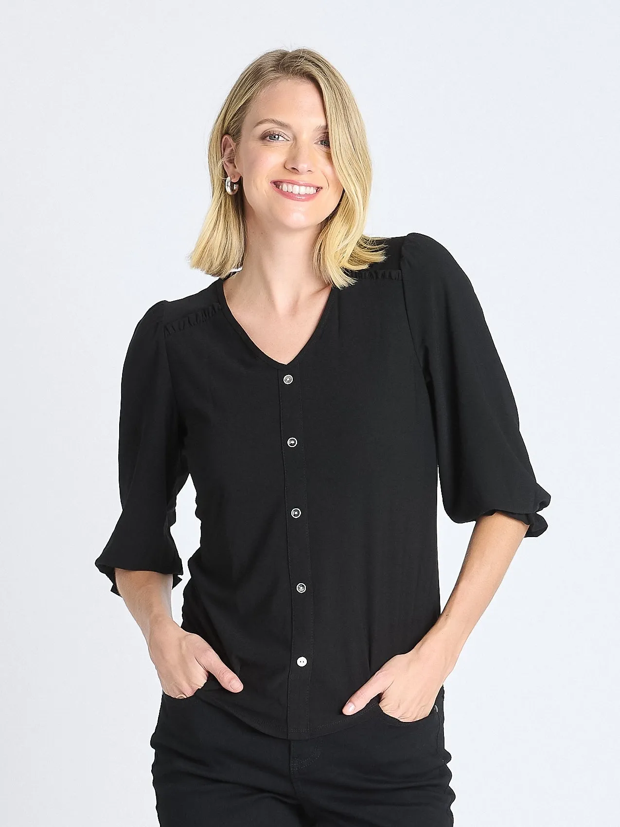 Ruffle 3/4 Sleeve Button Top, Black