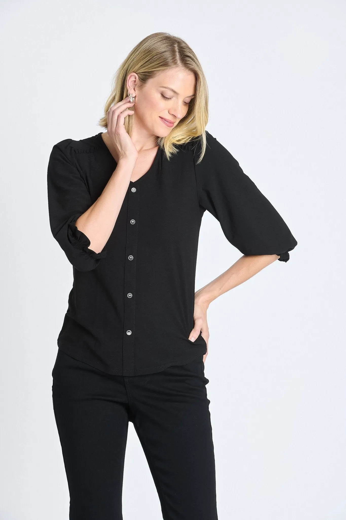 Ruffle 3/4 Sleeve Button Top, Black