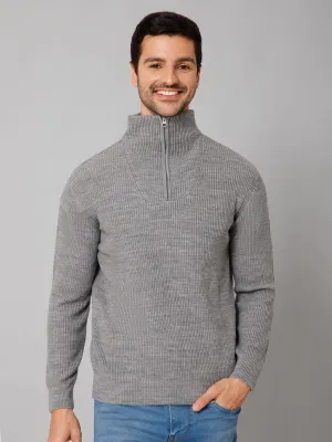 Self Design Grey Full Sleeves High Neck Regular Fit Casual Sweater for Men