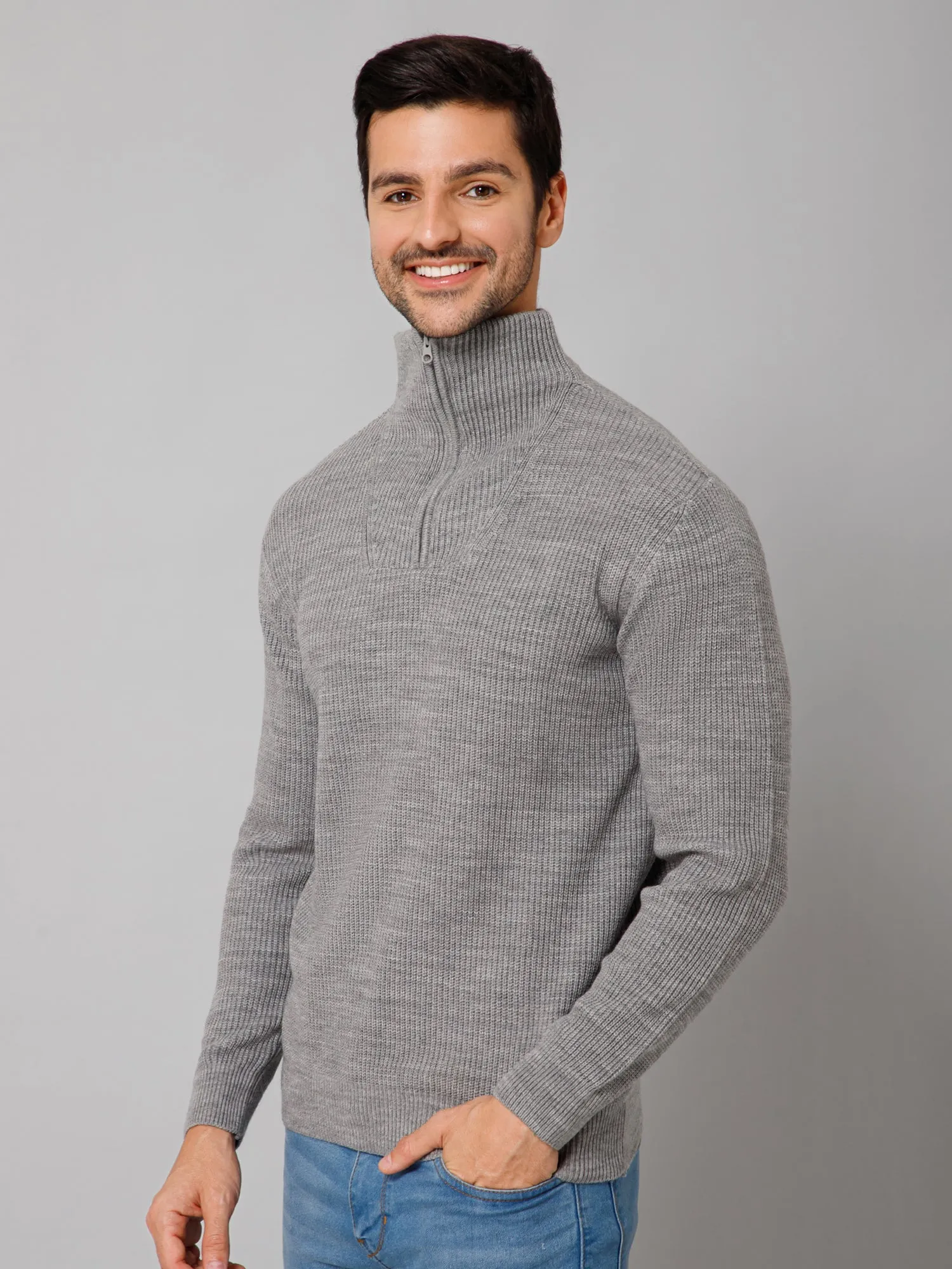 Self Design Grey Full Sleeves High Neck Regular Fit Casual Sweater for Men