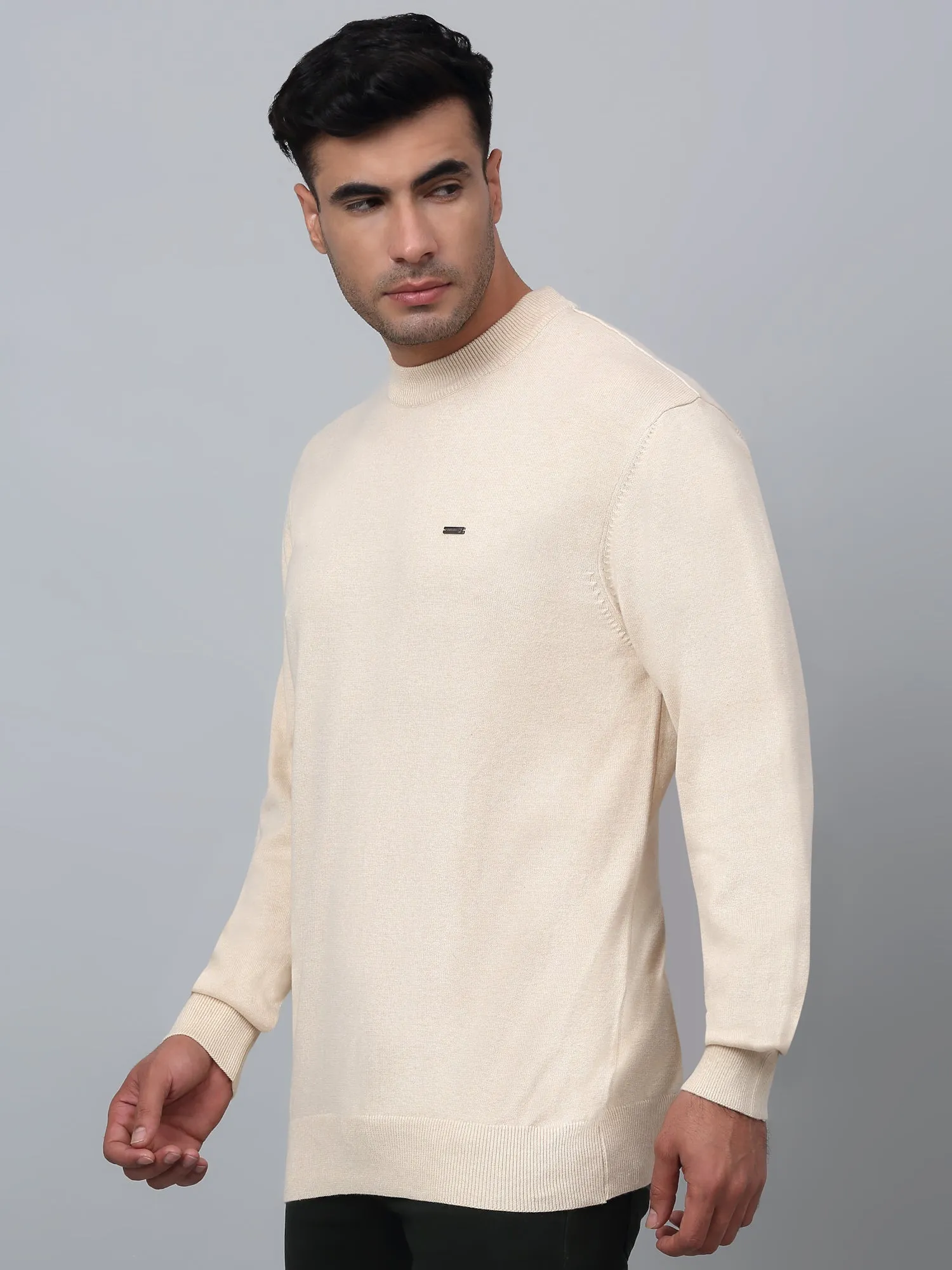 Solid Beige Full Sleeves Round Neck Light Winter Wear Casual Sweater for Men