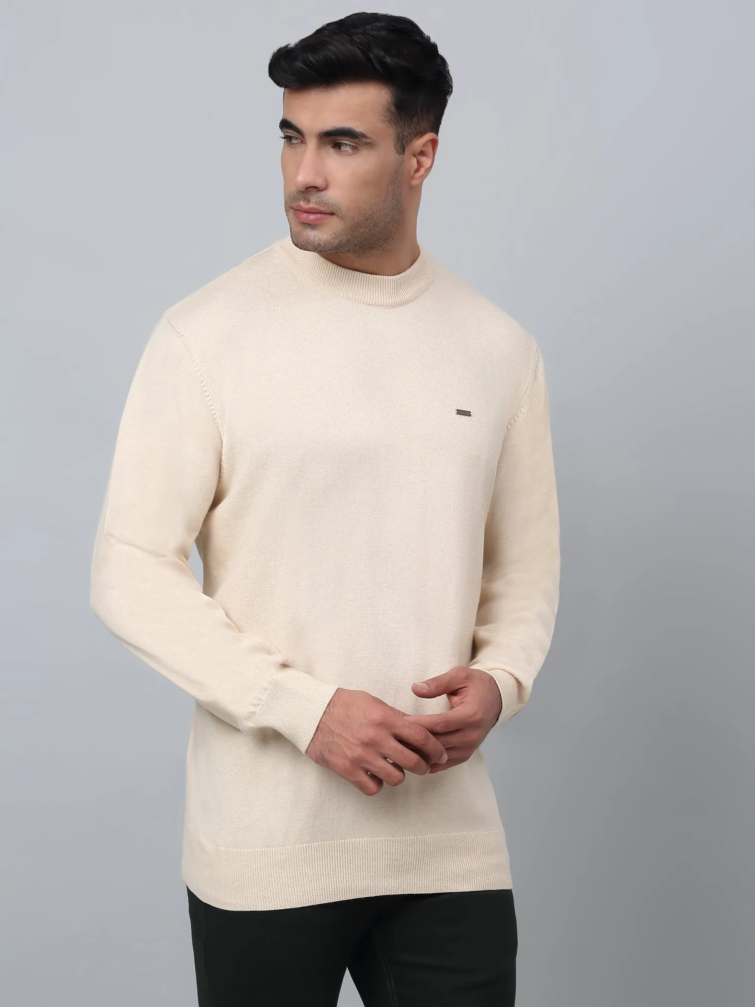 Solid Beige Full Sleeves Round Neck Light Winter Wear Casual Sweater for Men