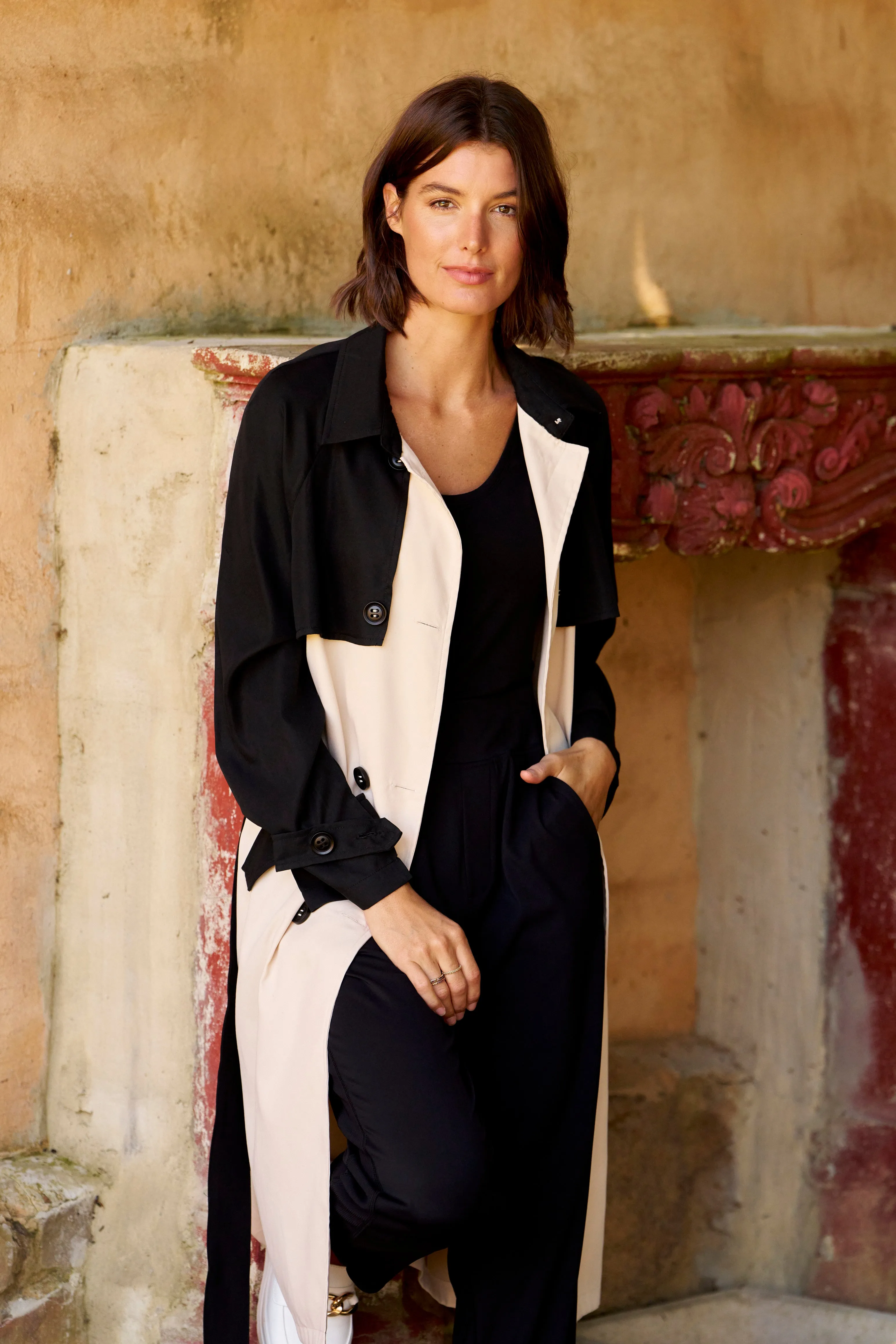 Splice Trench Coat - Black/Ivory