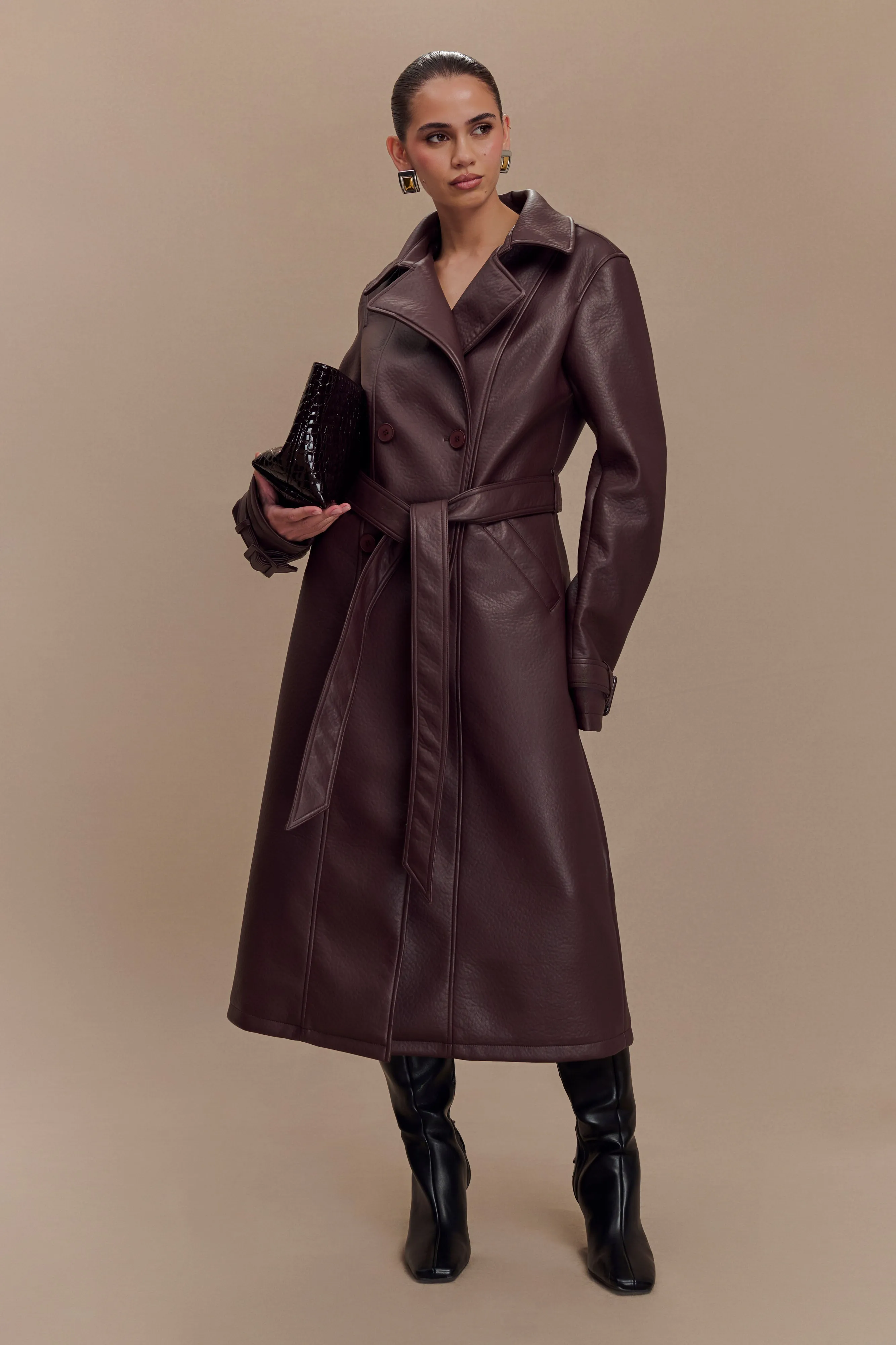 Tarah Faux Leather Trench Coat - Cacao Brown