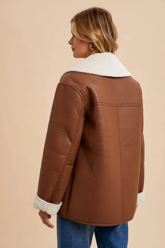 Vegan Faux Leather Shearling Coat CAMEL