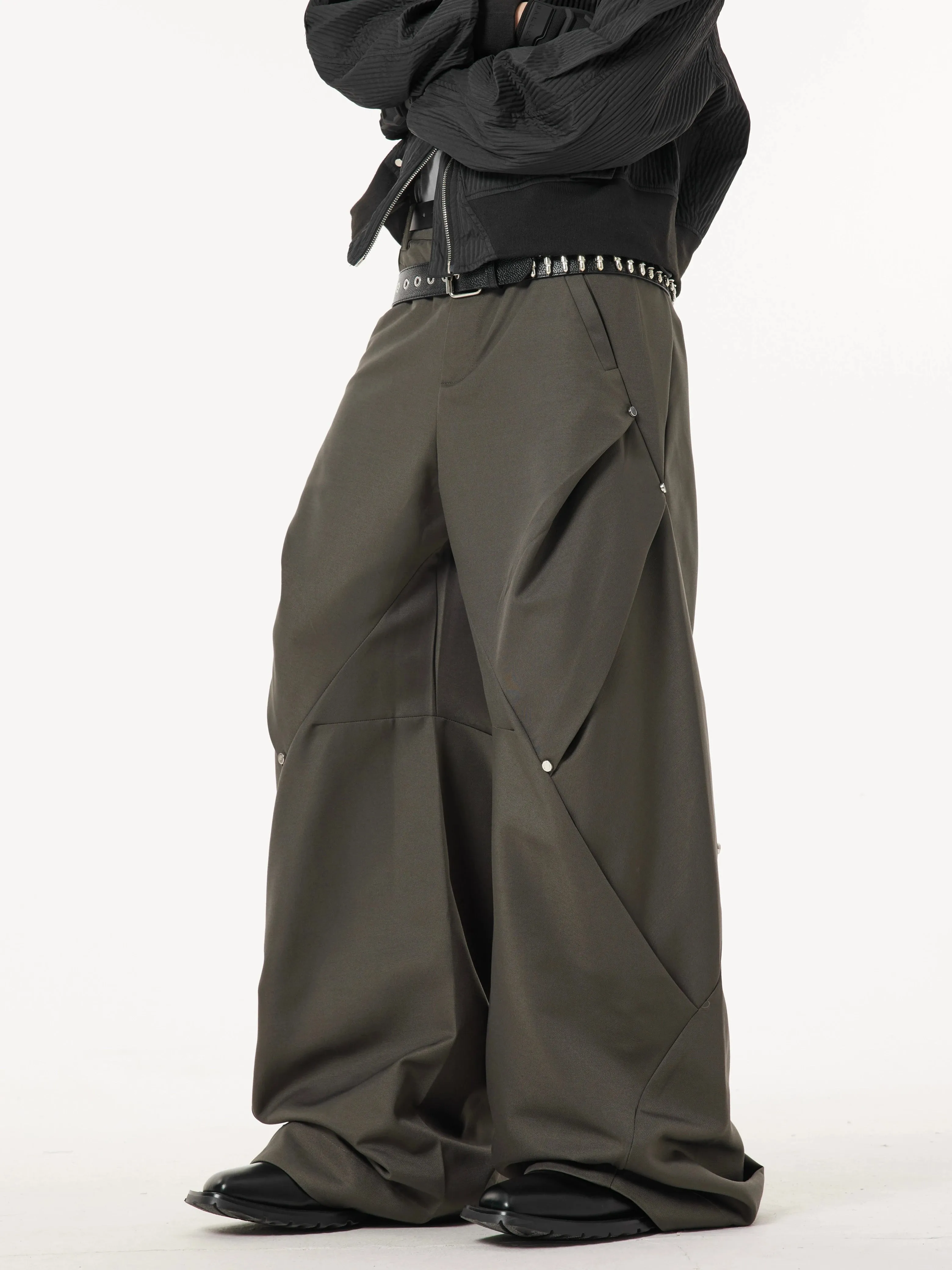 Wide Leg Paneled Pants with Button Detail