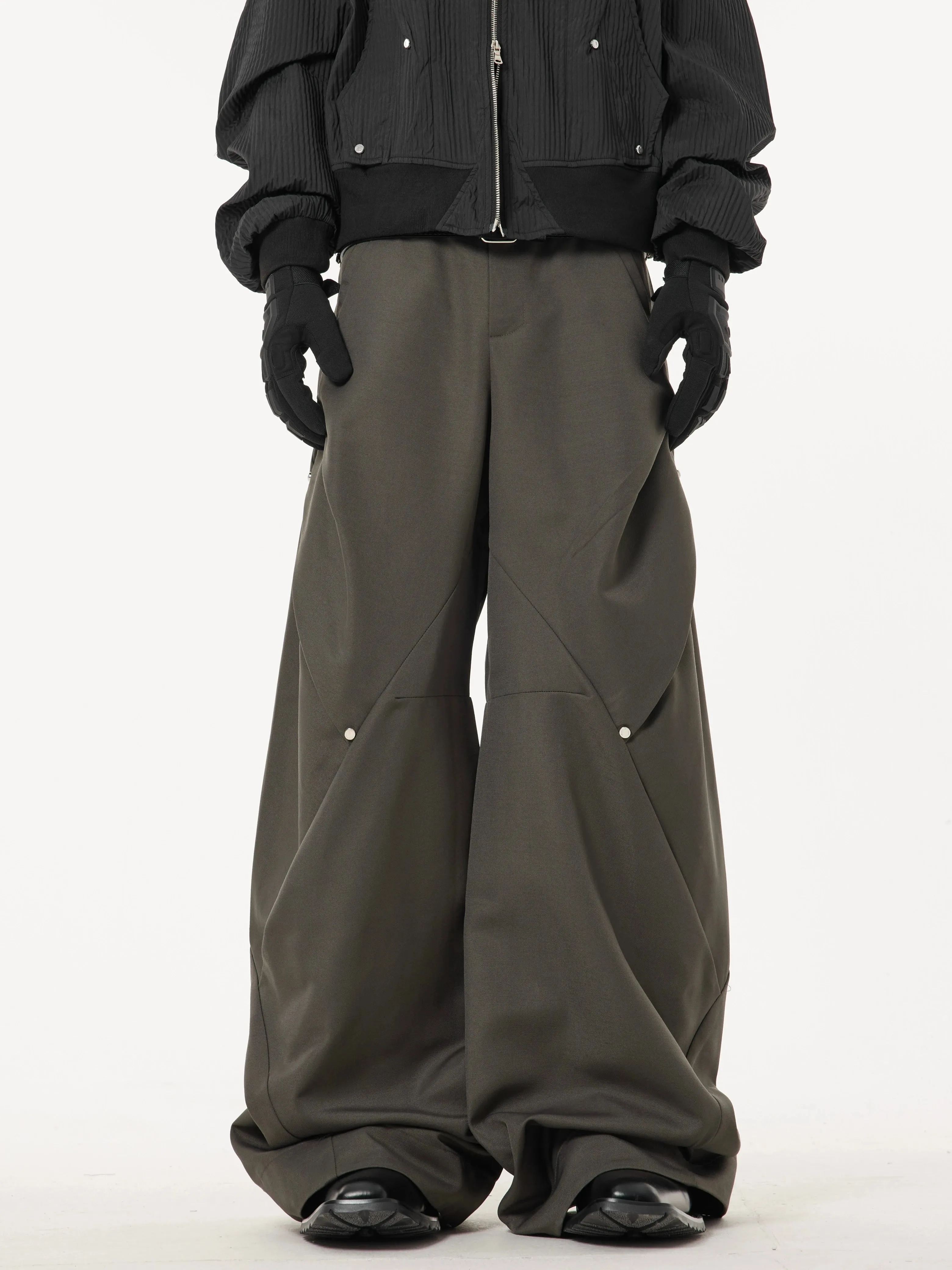 Wide Leg Paneled Pants with Button Detail