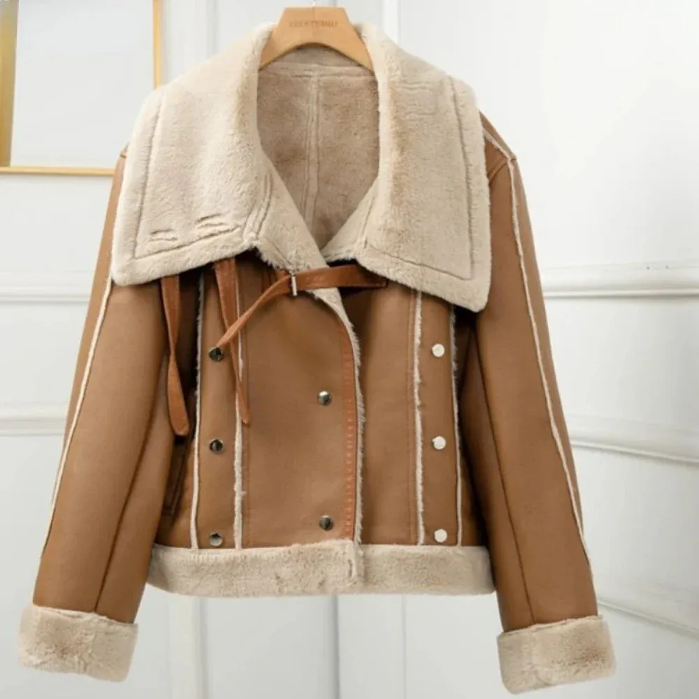 Women Faux Leather Shearling-Lined Aviator Jacket for Winter Layering