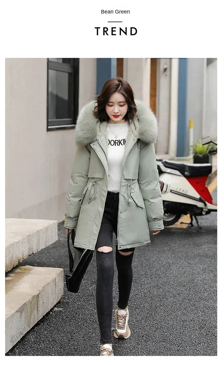 Women Parka Fashion Long Coat Wool Liner Hooded Parkas 2024 New Winter Jacket Slim with Fur Collar Warm Snow Wear Padded Clothes