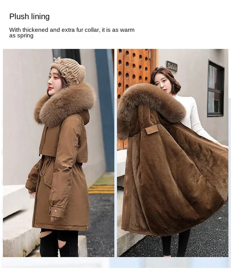 Women Parka Fashion Long Coat Wool Liner Hooded Parkas 2024 New Winter Jacket Slim with Fur Collar Warm Snow Wear Padded Clothes