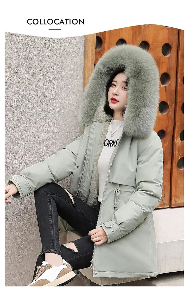 Women Parka Fashion Long Coat Wool Liner Hooded Parkas 2024 New Winter Jacket Slim with Fur Collar Warm Snow Wear Padded Clothes