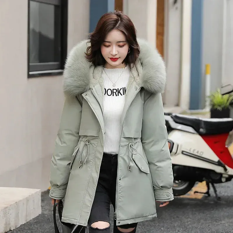 Women Parka Fashion Long Coat Wool Liner Hooded Parkas 2024 New Winter Jacket Slim with Fur Collar Warm Snow Wear Padded Clothes