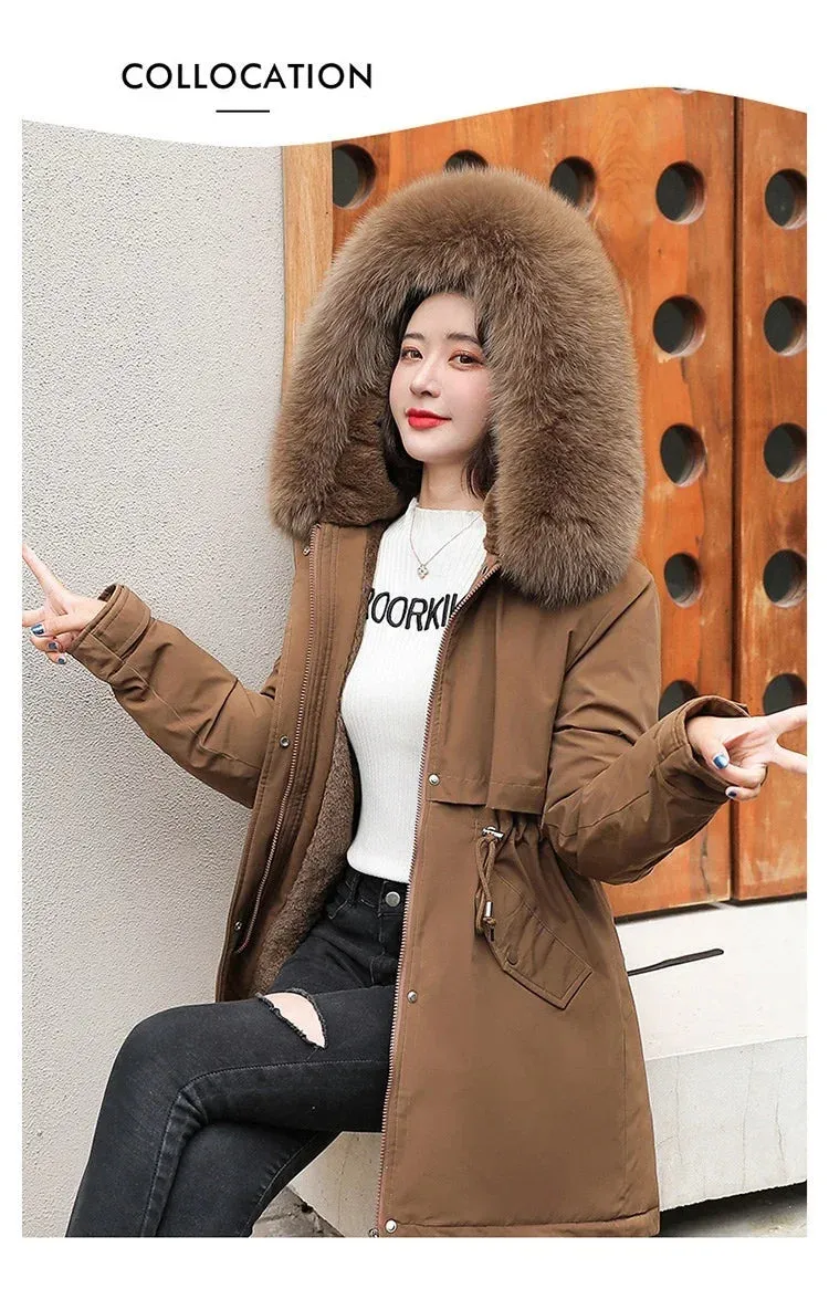 Women Parka Fashion Long Coat Wool Liner Hooded Parkas 2024 New Winter Jacket Slim with Fur Collar Warm Snow Wear Padded Clothes