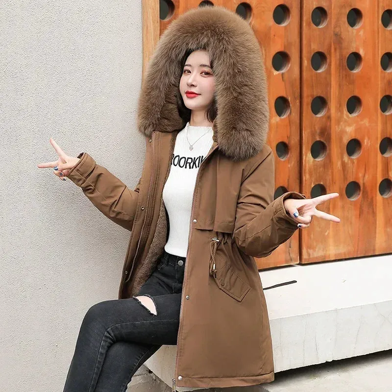 Women Parka Fashion Long Coat Wool Liner Hooded Parkas 2024 New Winter Jacket Slim with Fur Collar Warm Snow Wear Padded Clothes