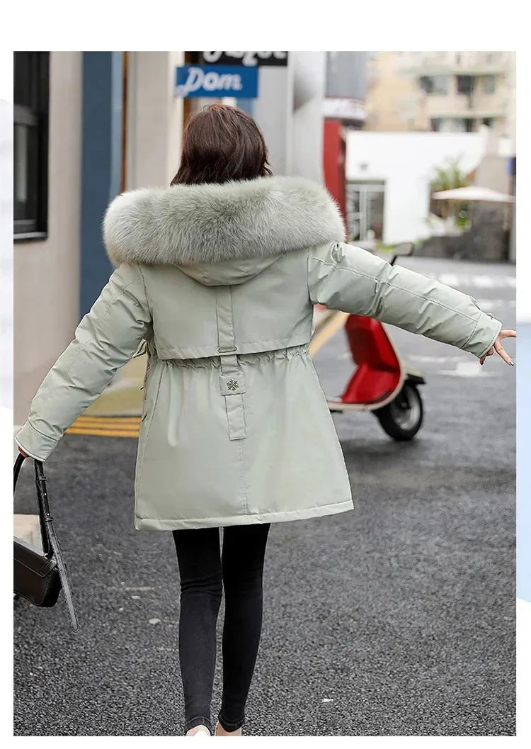 Women Parka Fashion Long Coat Wool Liner Hooded Parkas 2024 New Winter Jacket Slim with Fur Collar Warm Snow Wear Padded Clothes