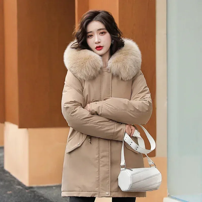 Women Parka Fashion Long Coat Wool Liner Hooded Parkas 2024 New Winter Jacket Slim with Fur Collar Warm Snow Wear Padded Clothes