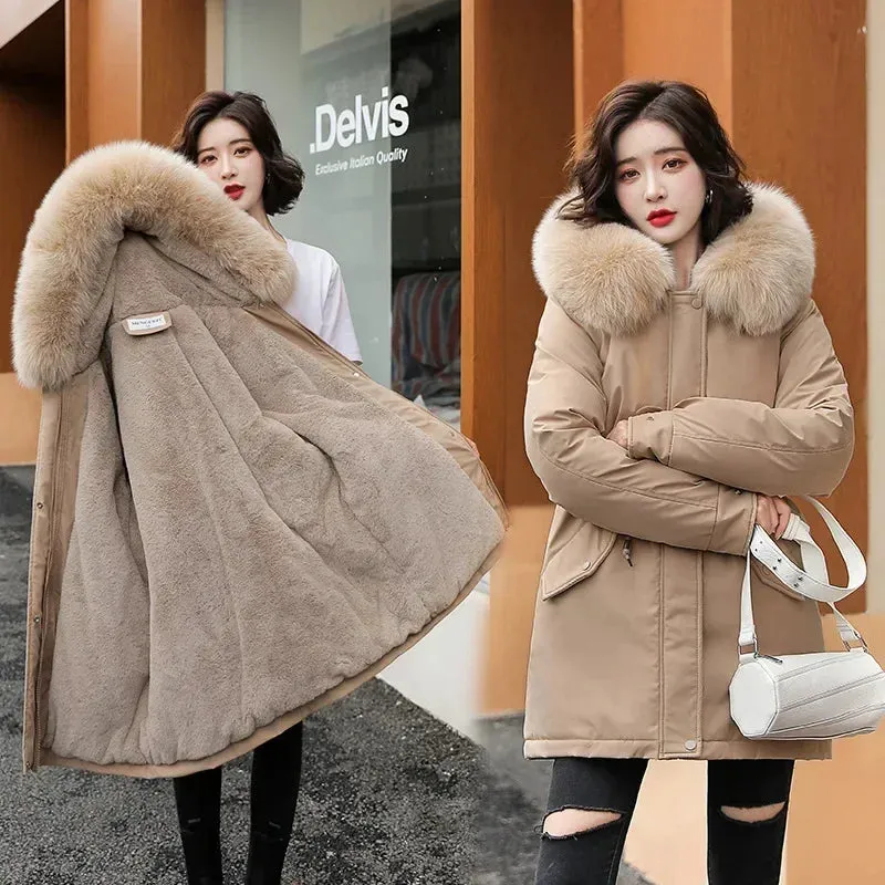 Women Parka Fashion Long Coat Wool Liner Hooded Parkas 2024 New Winter Jacket Slim with Fur Collar Warm Snow Wear Padded Clothes