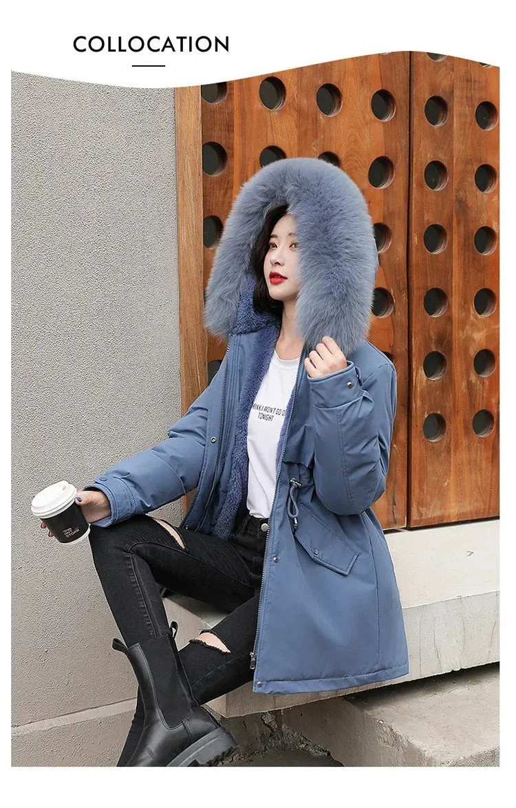 Women Parka Fashion Long Coat Wool Liner Hooded Parkas 2024 New Winter Jacket Slim with Fur Collar Warm Snow Wear Padded Clothes