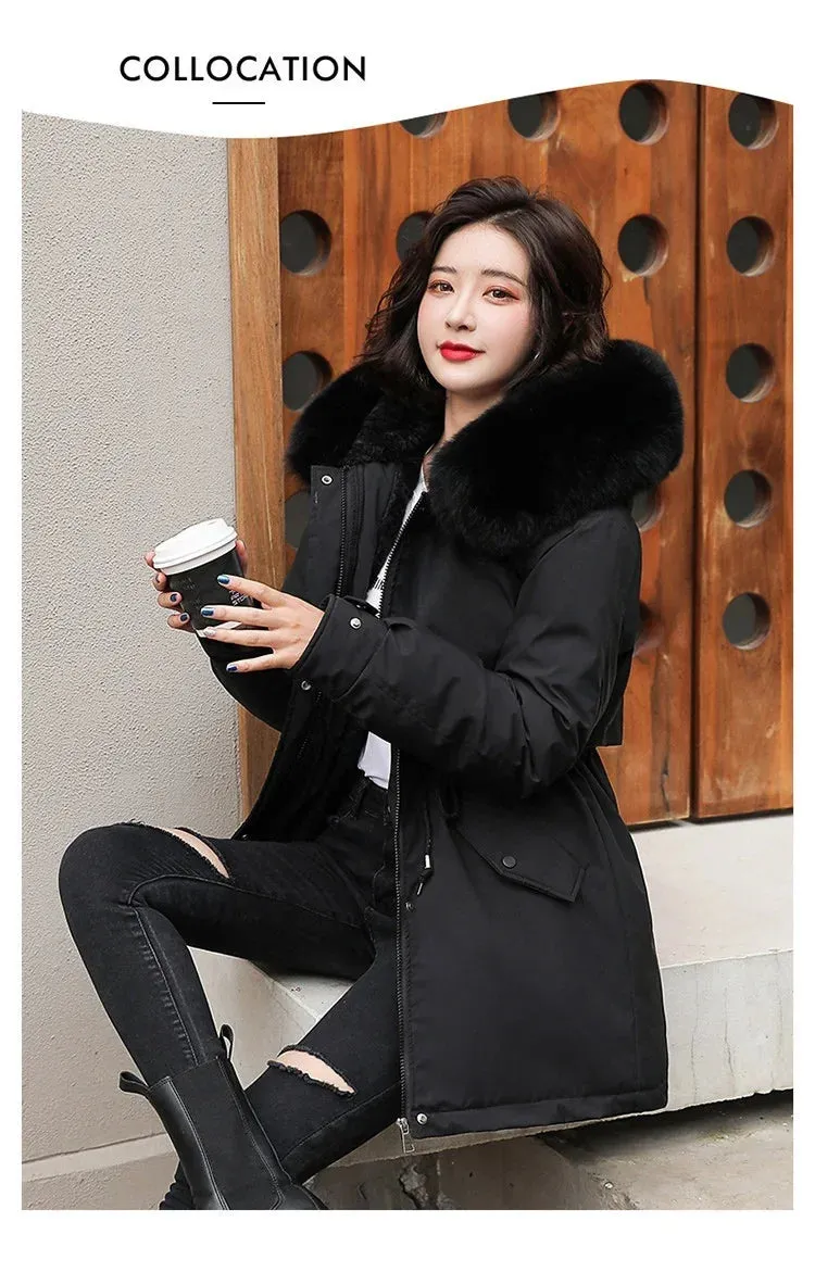 Women Parka Fashion Long Coat Wool Liner Hooded Parkas 2024 New Winter Jacket Slim with Fur Collar Warm Snow Wear Padded Clothes