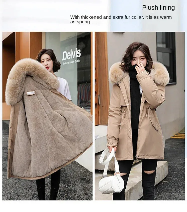 Women Parka Fashion Long Coat Wool Liner Hooded Parkas 2024 New Winter Jacket Slim with Fur Collar Warm Snow Wear Padded Clothes