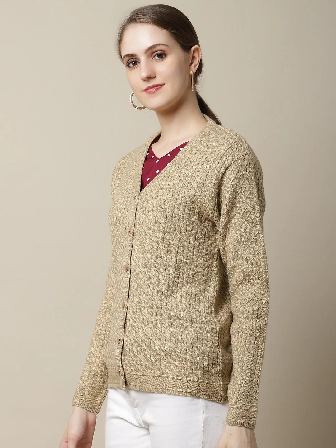 Women's Casual  Beige V neck Cardigan Sweater